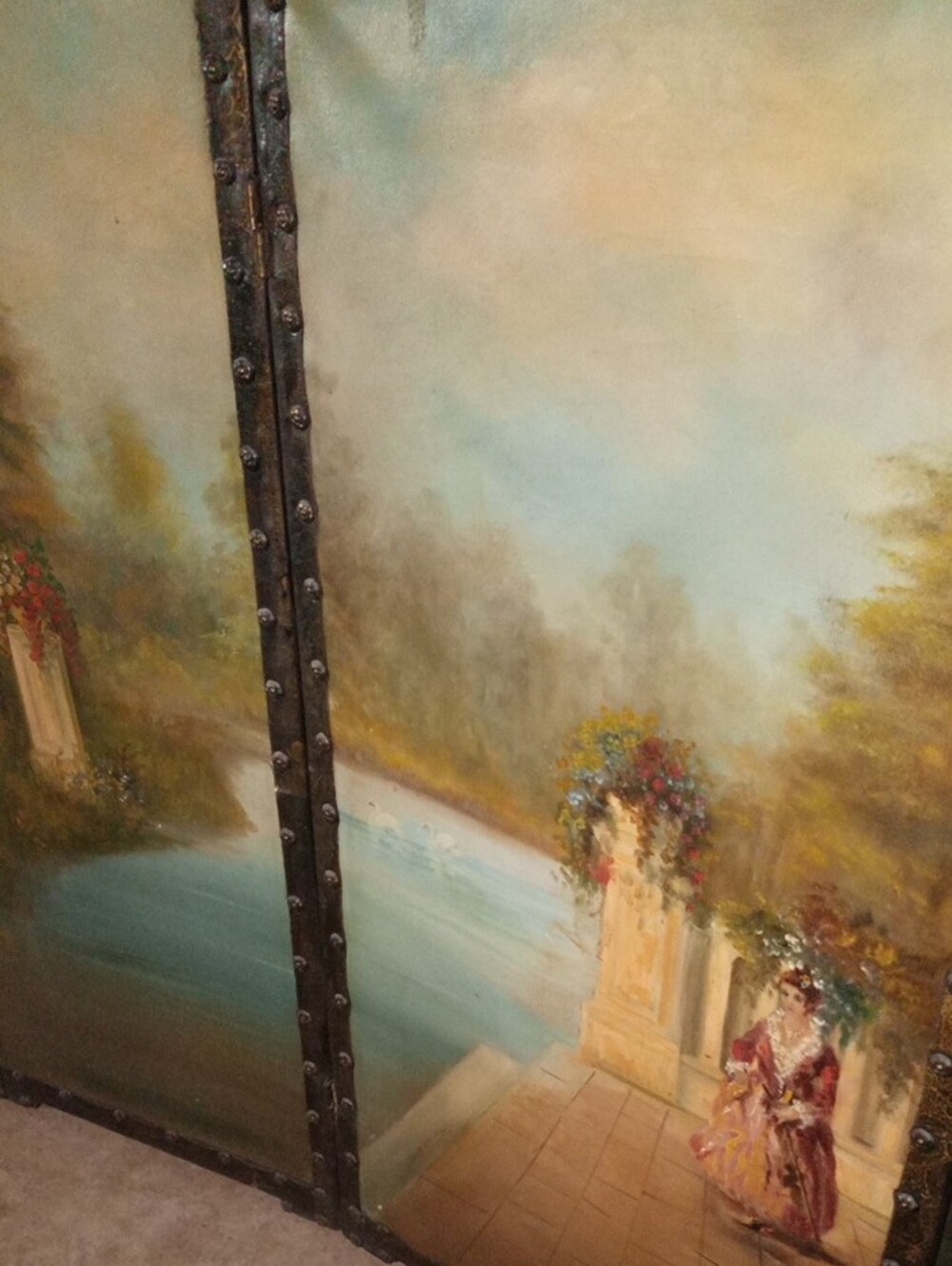 Rare Antique French Rococo Hand-Painted Leather Fireplace / Accent Screen - Picture 4 of 16